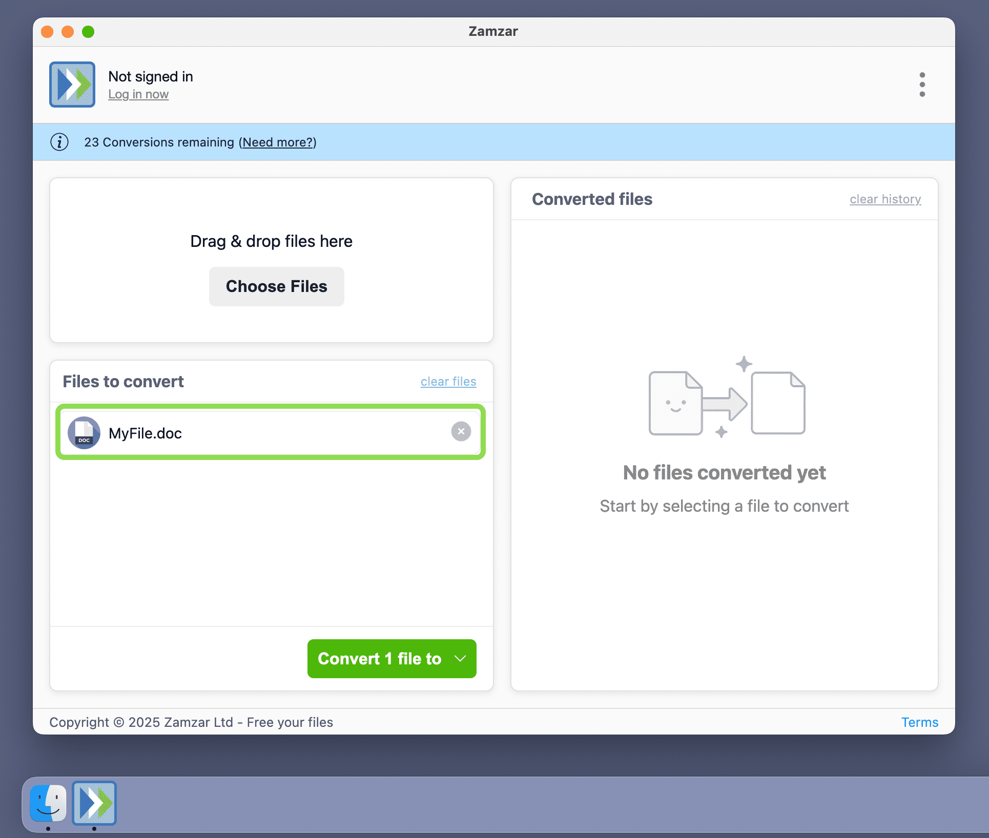 Shows a file added to the Files to convert section