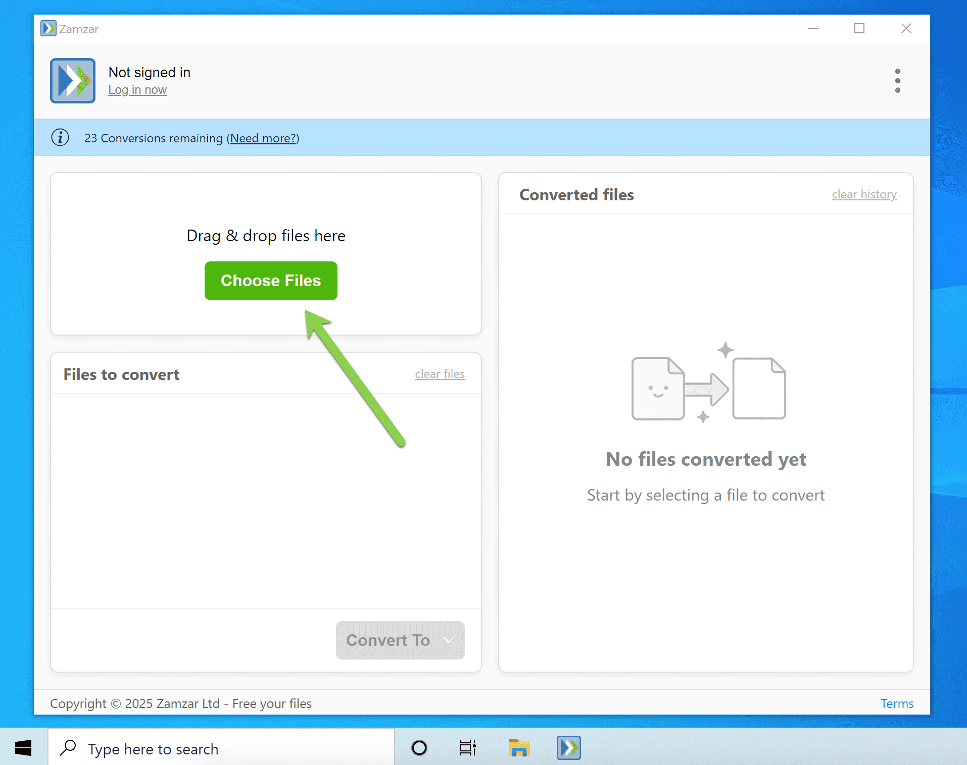 Shows the main window with the Choose files button
