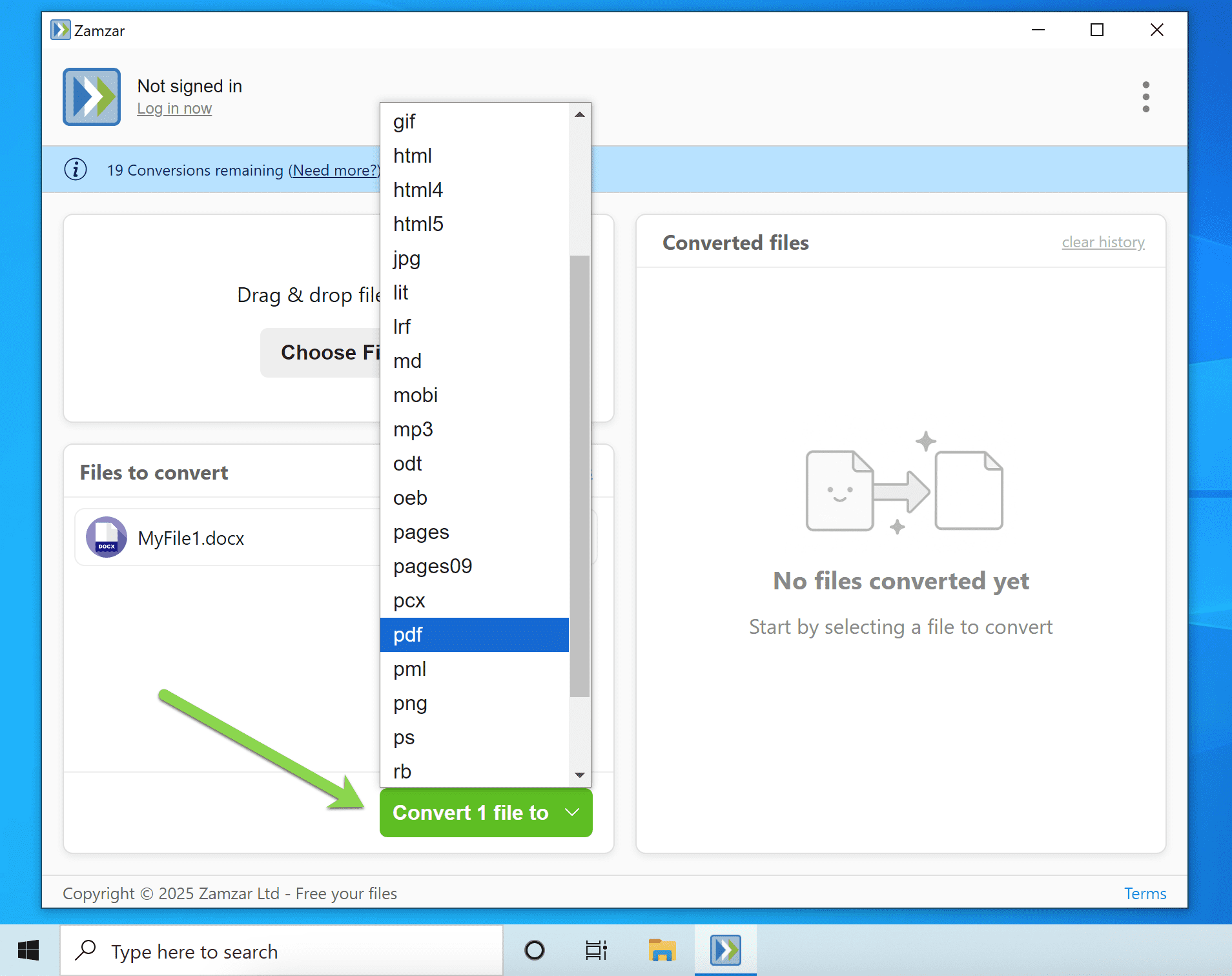 Highlights the Convert button