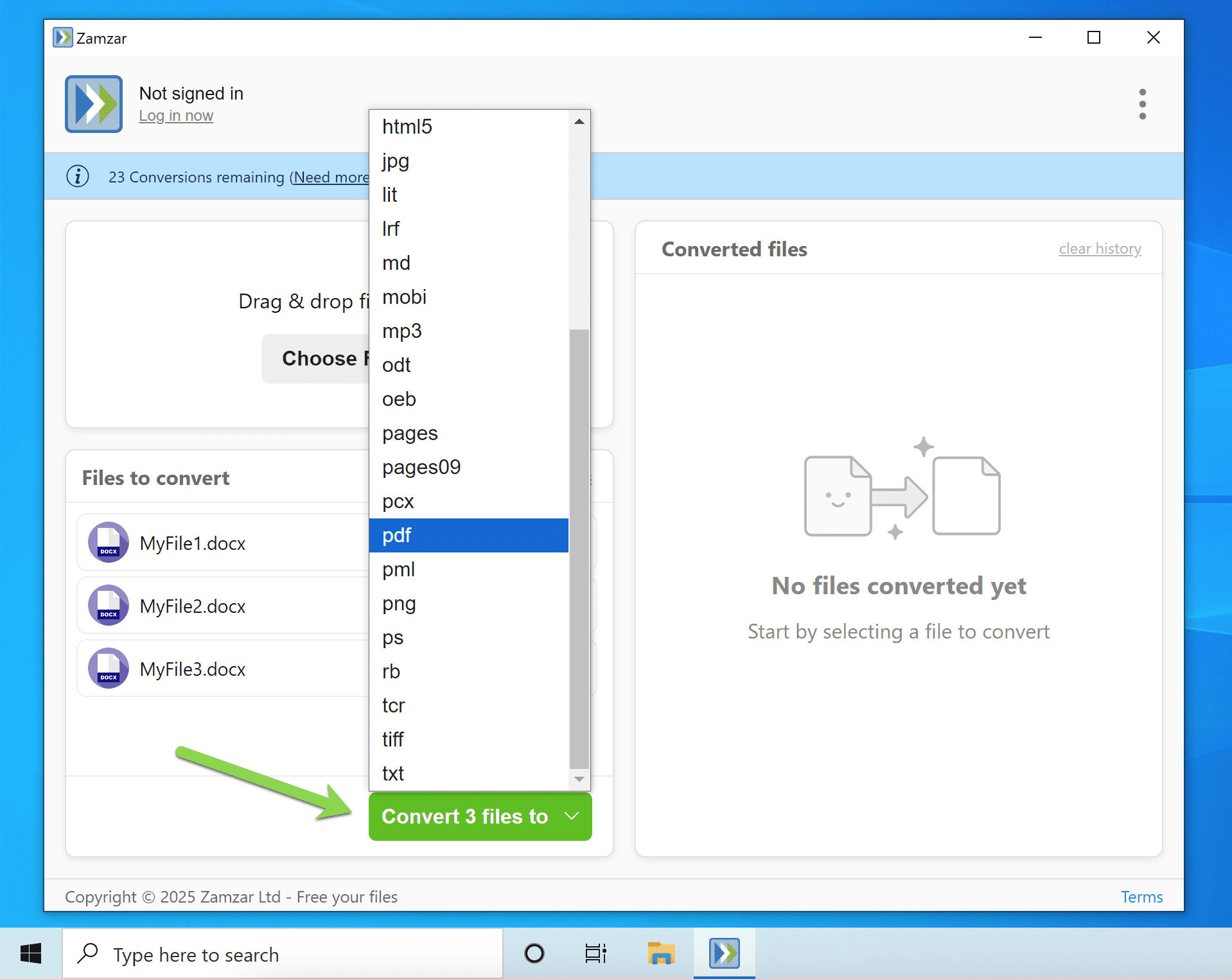 Highlights the Convert button