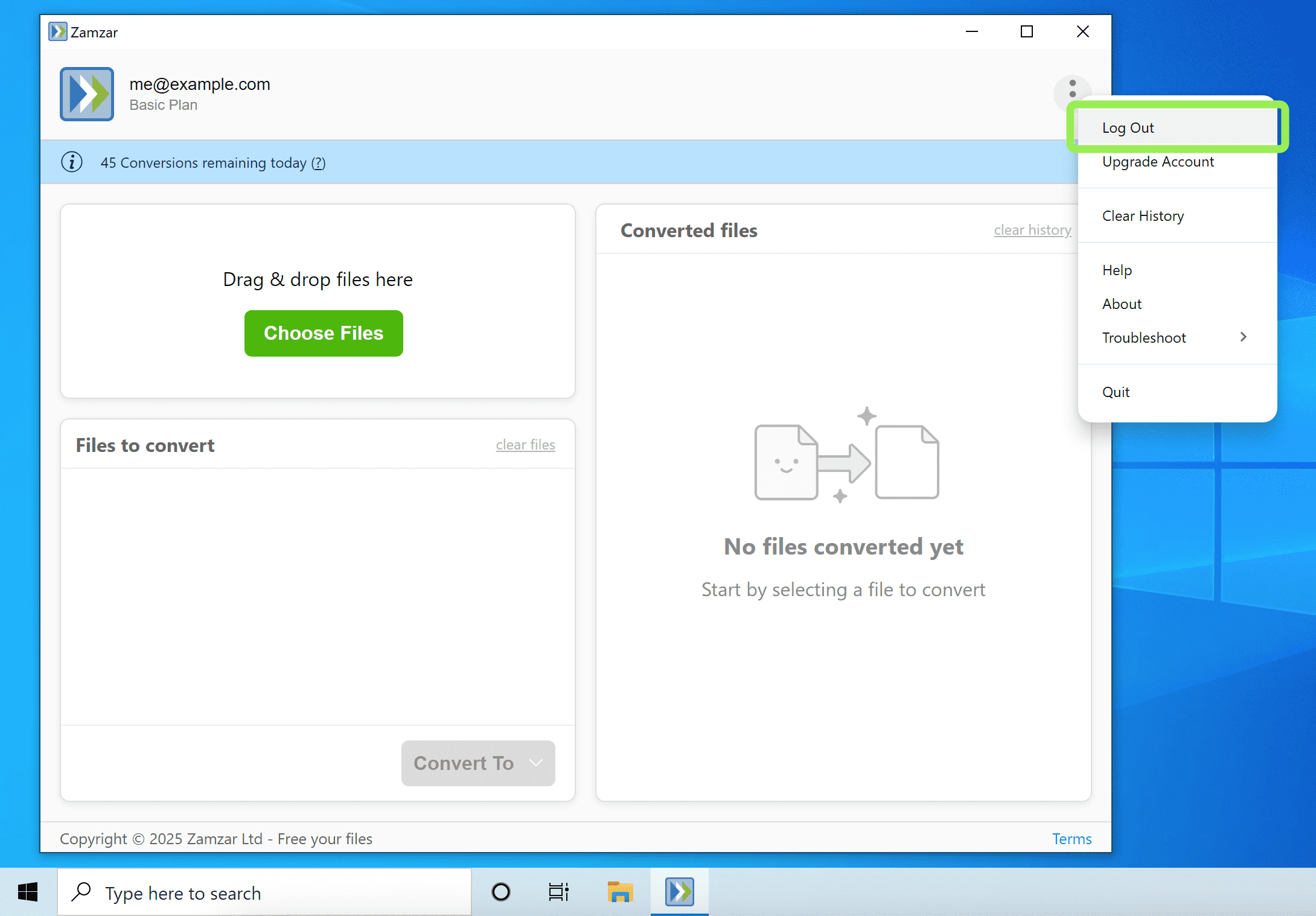 Highlights the Log Out option in the menu