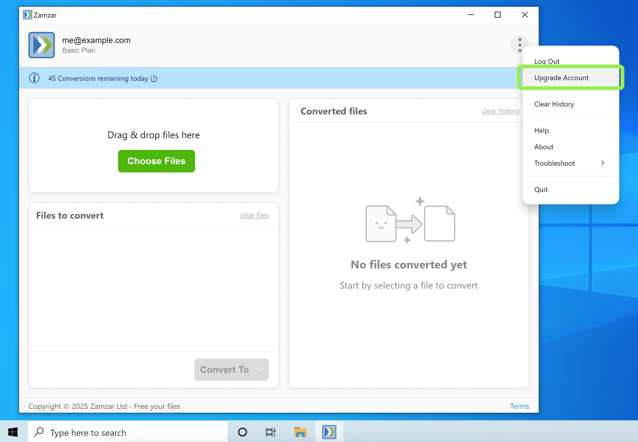 Highlights the Upgrade Account option in the menu